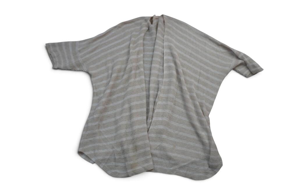 Eileen Fisher Linen Cardigan Sweater Womens One Size Beige Striped Open Knit
